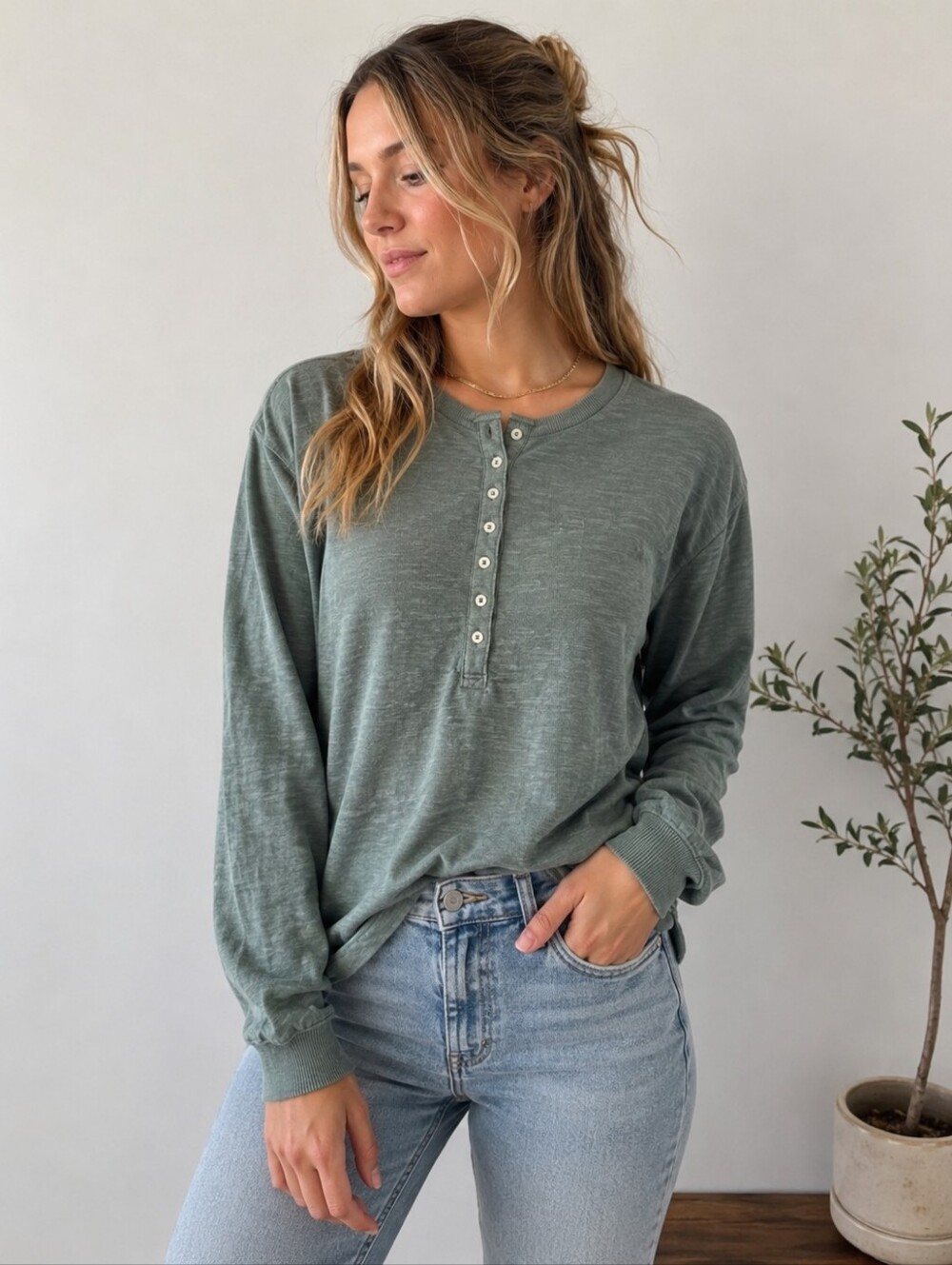 Aerie Green Henley Long Sleeve Thermal Top